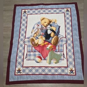 Vintage 90's Handmade Blue Jean Teddy & Friends Baby Quilt - Lap Blanket 35 X 44